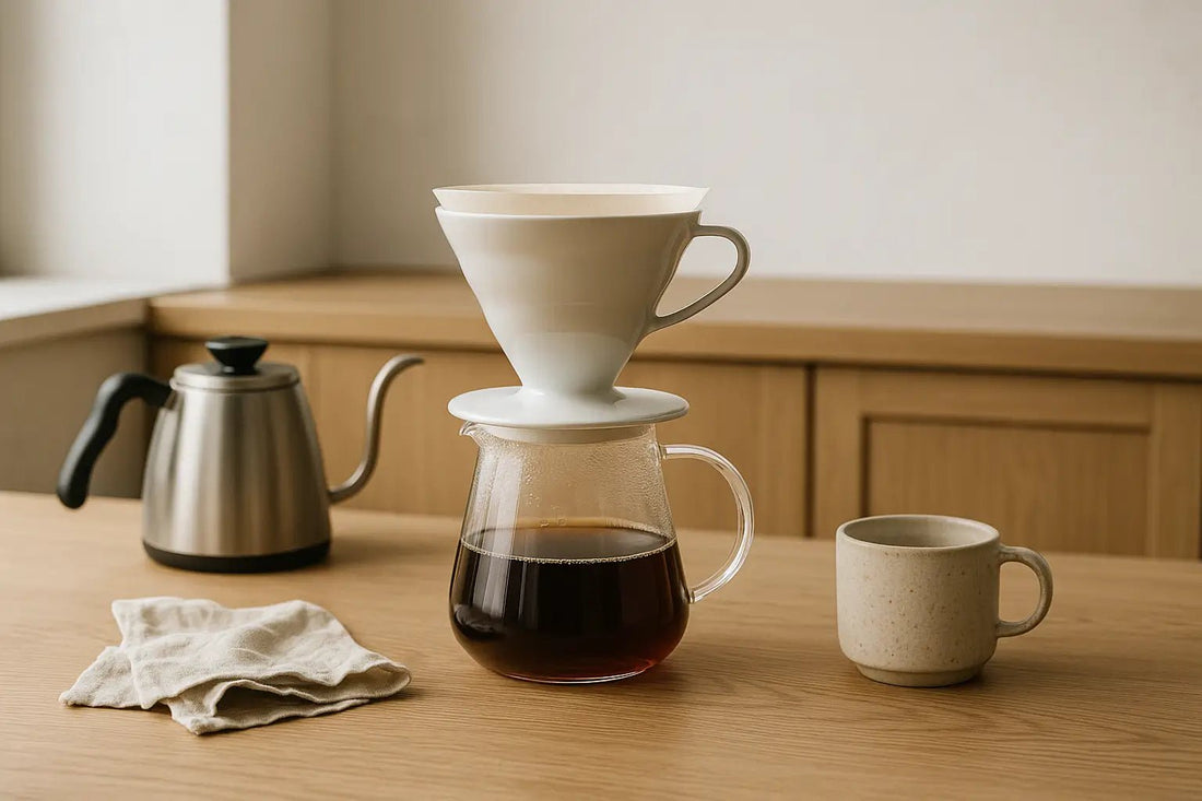 V60 coffee brewing setup on a pale oak countertop