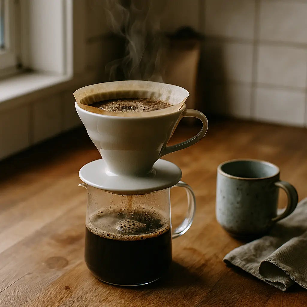 Brewing African Moon natural process coffee with a ceramic pour-over at home, mid-bloom with steam rising.