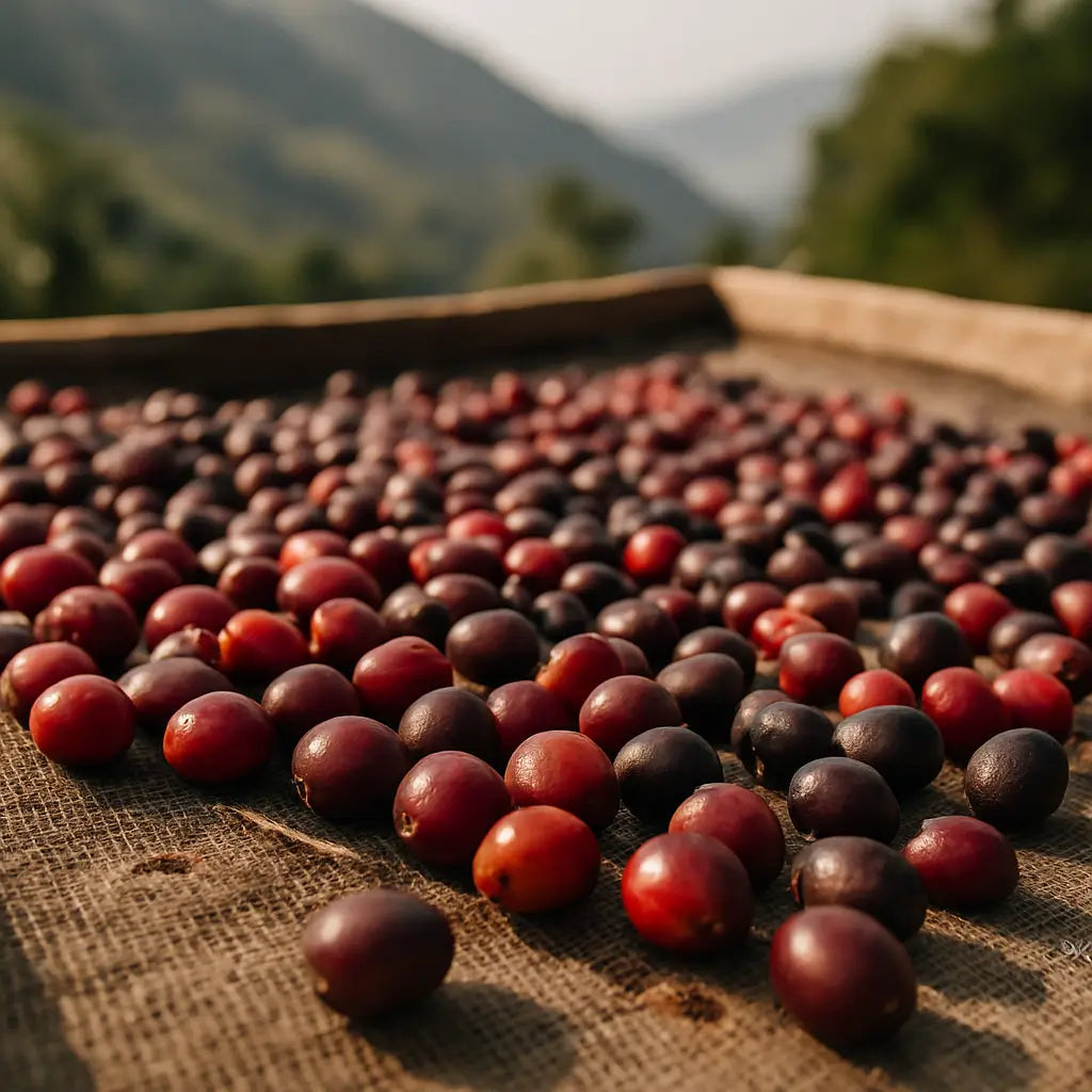 Ripe natural coffee cherries drying whole on a raised mesh bed in Uganda’s Rwenzori mountains.