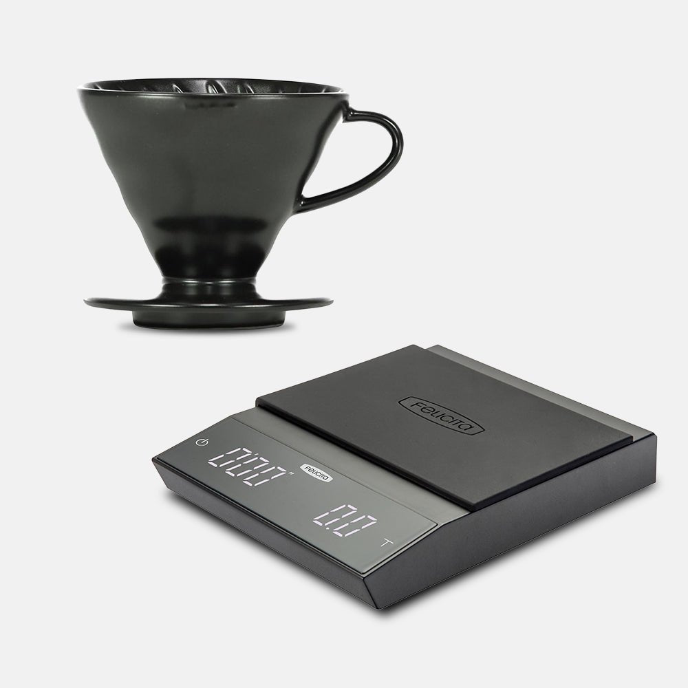 Hario V60 Ceramic 02 Matte Black with Felicita Incline Scale