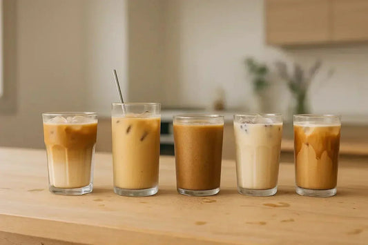 Landscape photo of five iced lattes with varied milk and syrup combinations, styled on a wooden counter 
