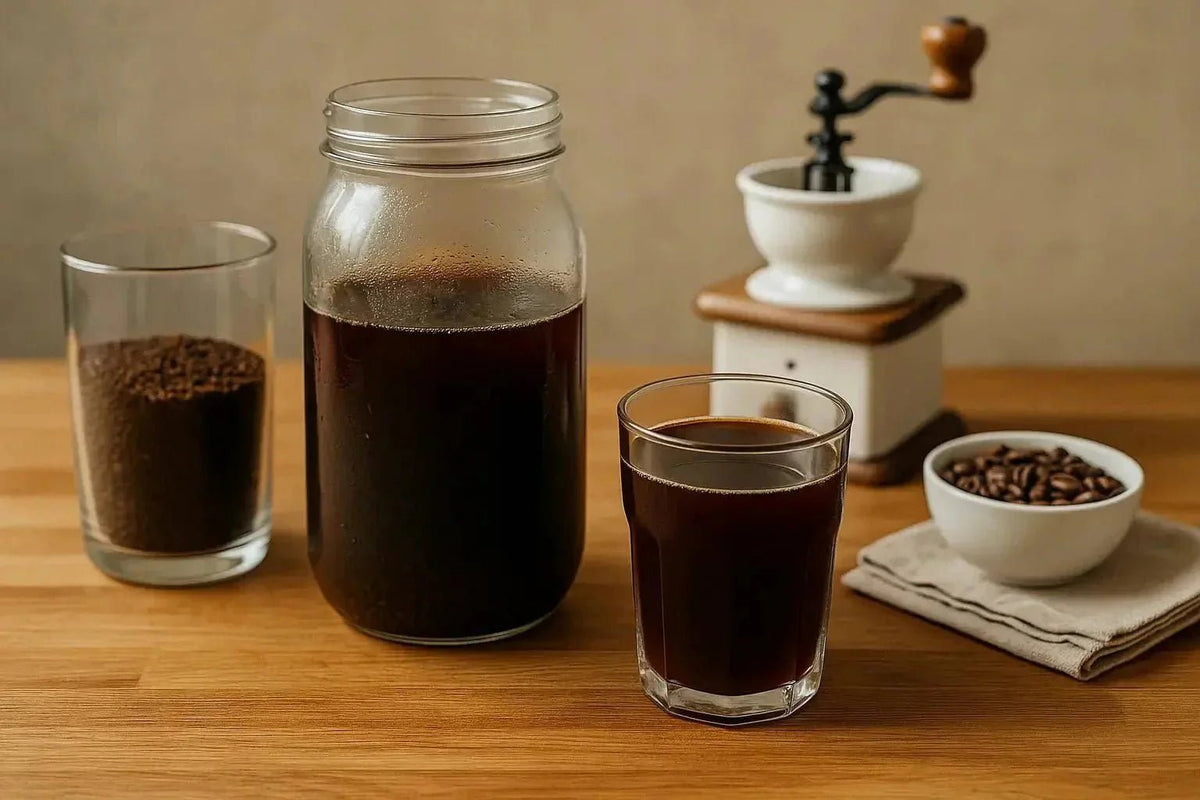 A landscape photo showing the process of making cold brew coffee, with a glass jar, scoop of coffee grounds, and chilled coffee on a wooden surface.