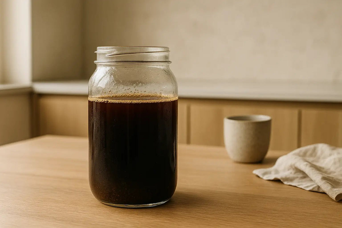 Cold brew coffee steeping in a glass jar on a pale oak kitchen counter 