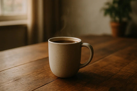  Steaming mug of decaf coffee on rustic wooden table near soft-lit window