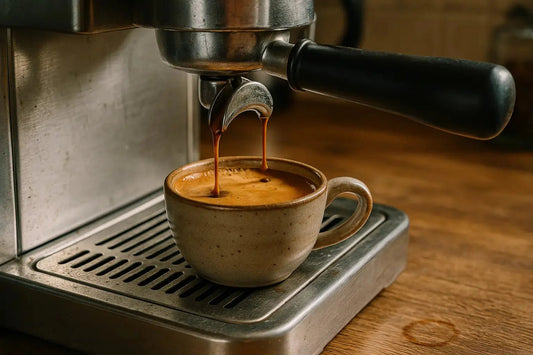 Fresh espresso shot being pulled into a ceramic cup with golden crema and textured wood countertop