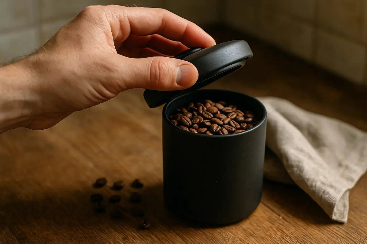 Hand lifting the lid off a matte black coffee canister filled with medium roast coffee beans
