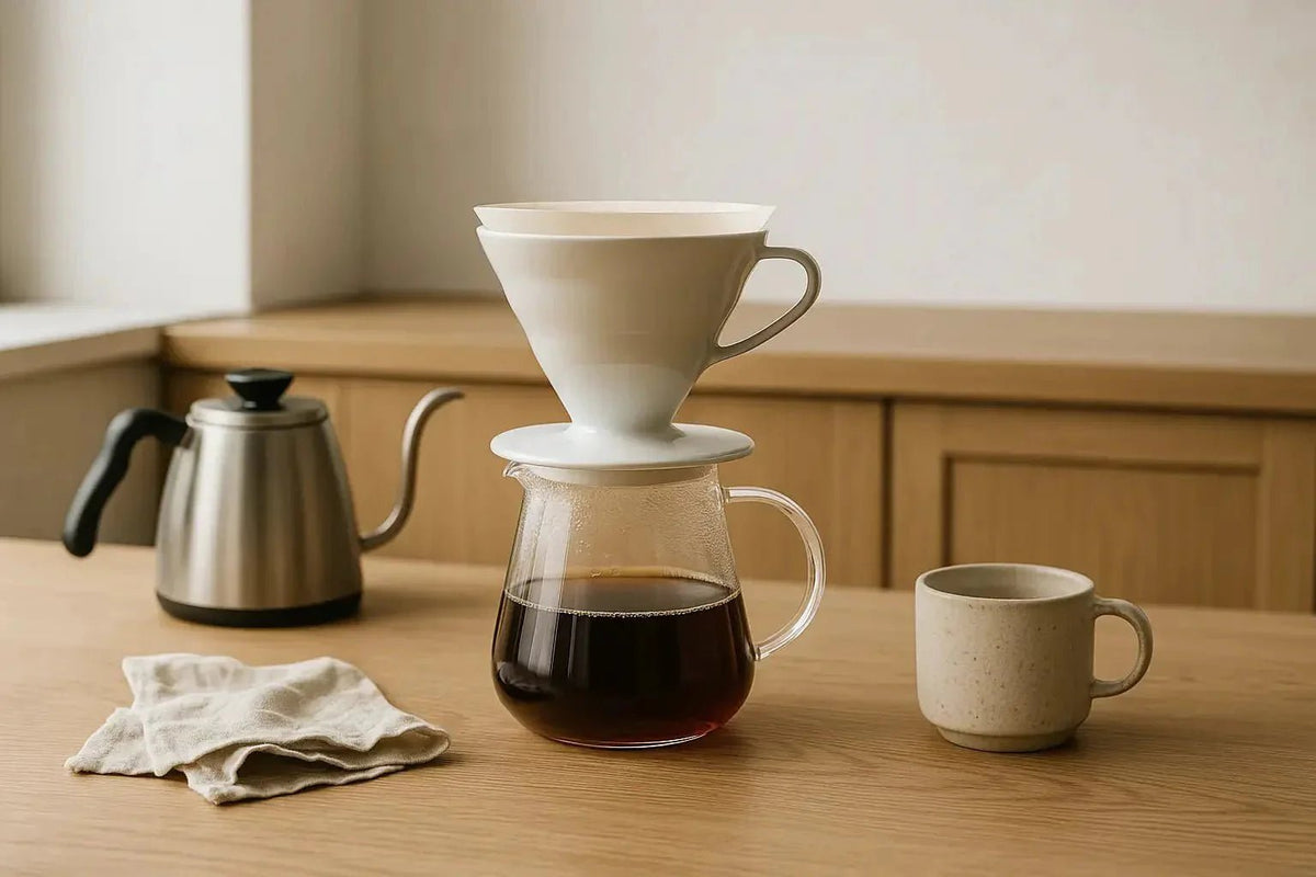 V60 coffee brewing setup on a pale oak countertop