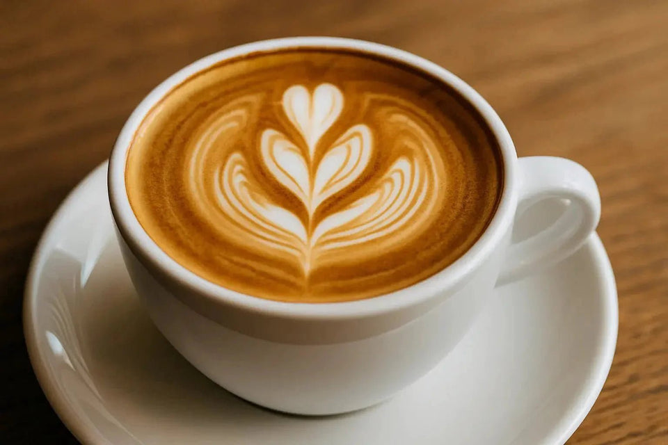 Top-down view of a flat white coffee in a white cup, showing smooth latte art and creamy microfoam on a wooden table.
